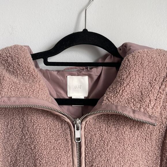 H&M plush teddy shearling full zip hooded oversized lined coat sz XL - Picture 5 of 9
